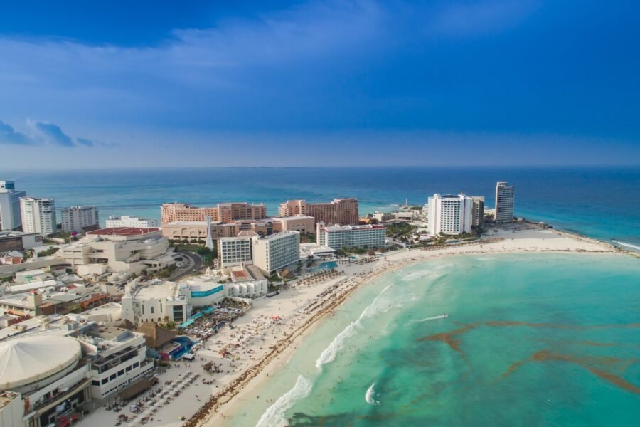 Aerial view of Cancún's beach and hotel zone.
