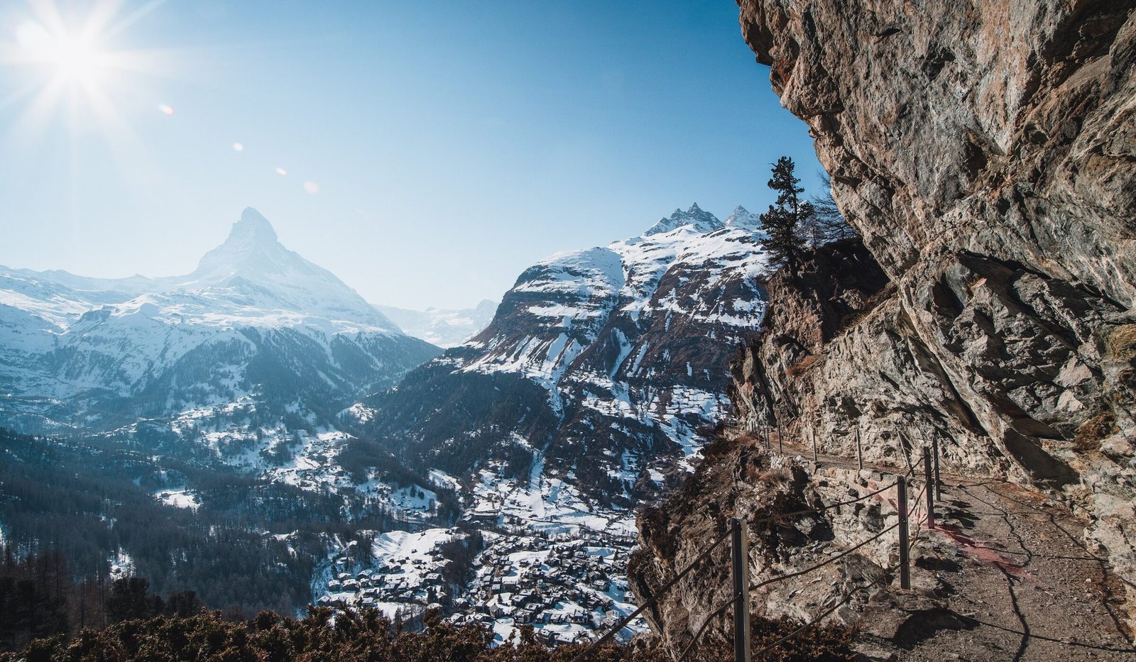Zermatt village under snow with the Matterhorn behind.