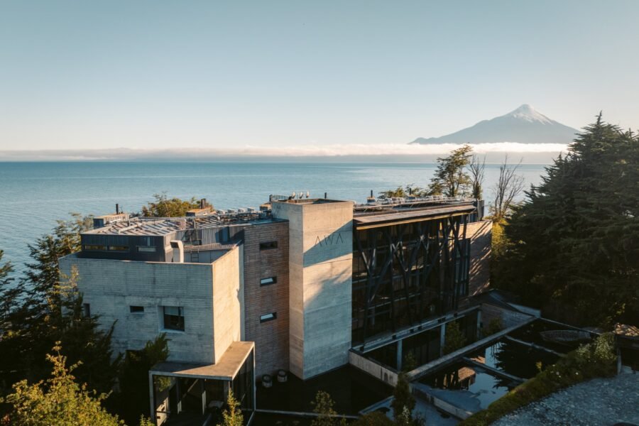 Hotel AWA above Lake Llanquihue, with the Osorno volcano across the water.