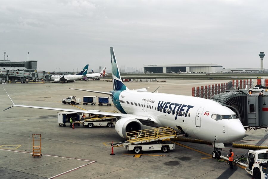 A WestJet aircraft at Toronto Pearson International Airport.