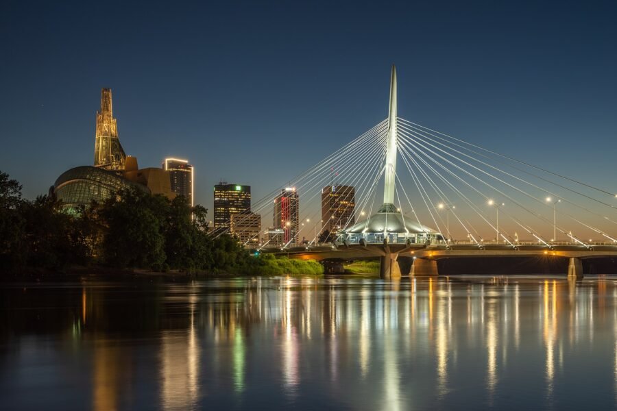 The Esplanade Riel bridge in Winnipeg at dusk.