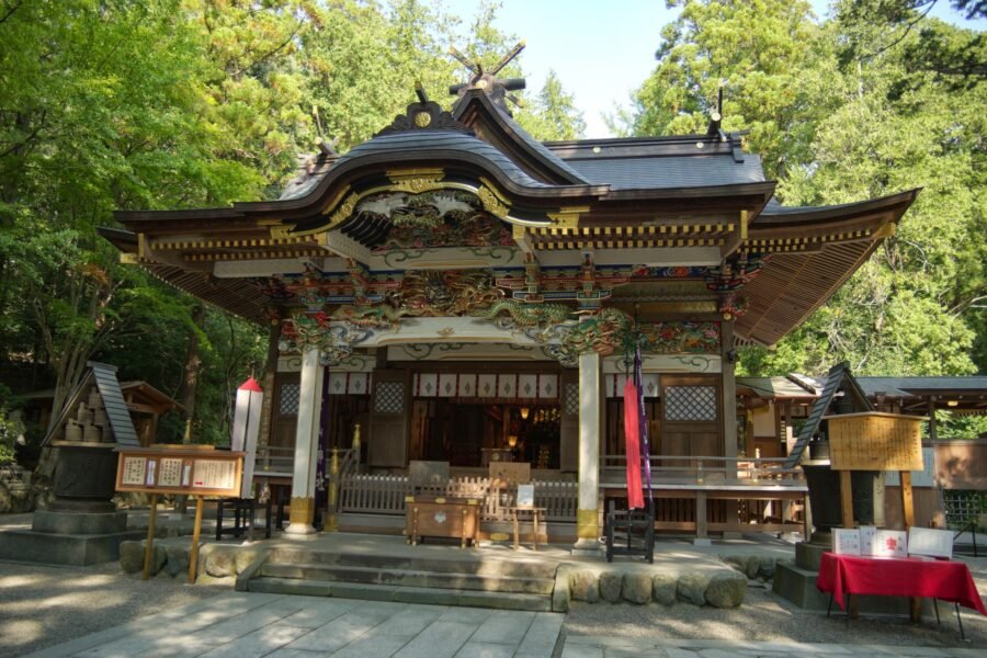 A stone wolf statue at a shrine in the Chichibu region of Saitama Prefecture.