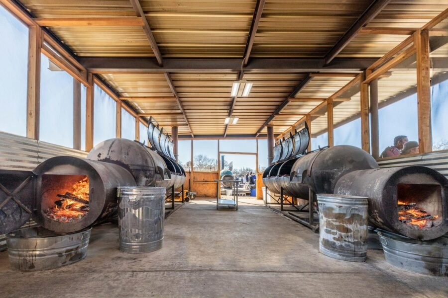 Wood-fired barbecue smokers in the pit room at Goldee's Bar-B-Q in Fort Worth, Texas.