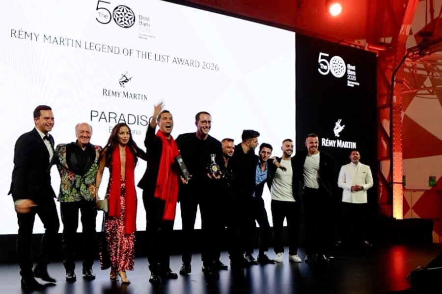 The Paradiso team on stage receiving the Rémy Martin Legend of the List Award at The 50 Best Bars 2026 in Milan.
