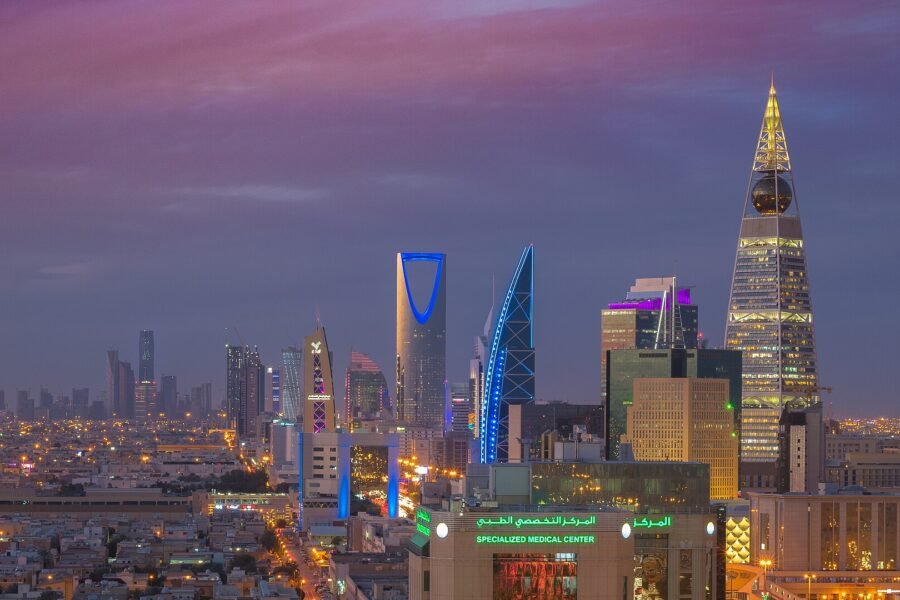 The Riyadh skyline at dusk, with the Kingdom Centre tower.