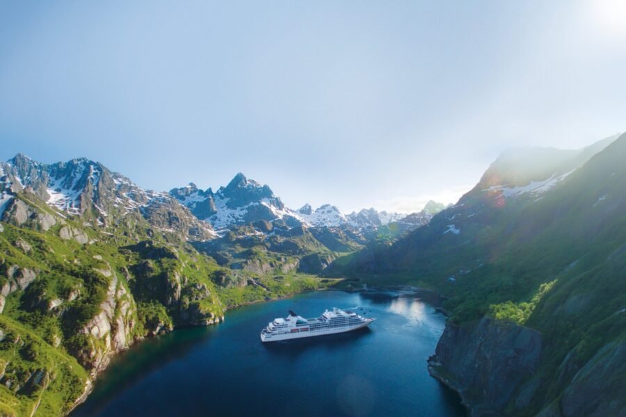 A Seabourn ship in a Norwegian fjord.