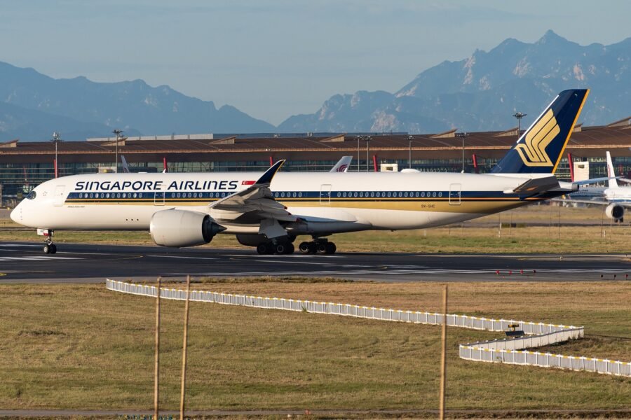 A Singapore Airlines Airbus A350 on the ground.