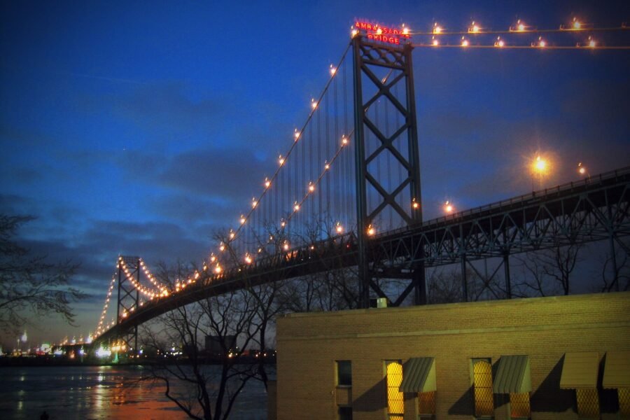 The Ambassador Bridge between Windsor and Detroit at night